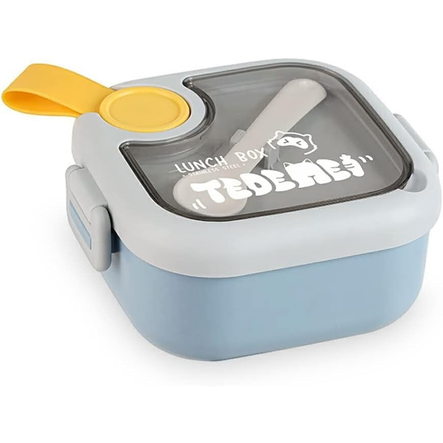 Caserola pentru copii lunch box, 750 ml, doua boluri, lingura, foarfeca din plastic, rezistenta la scurgeri, Albastra
