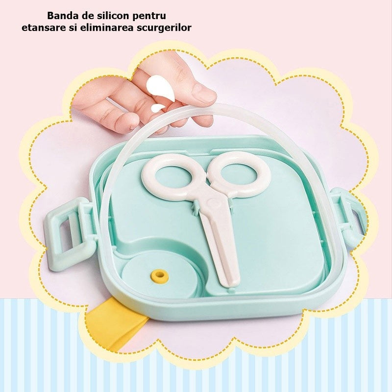 Caserola pentru copii lunch box, 750 ml, doua boluri, lingura, foarfeca din plastic, rezistenta la scurgeri, Roz