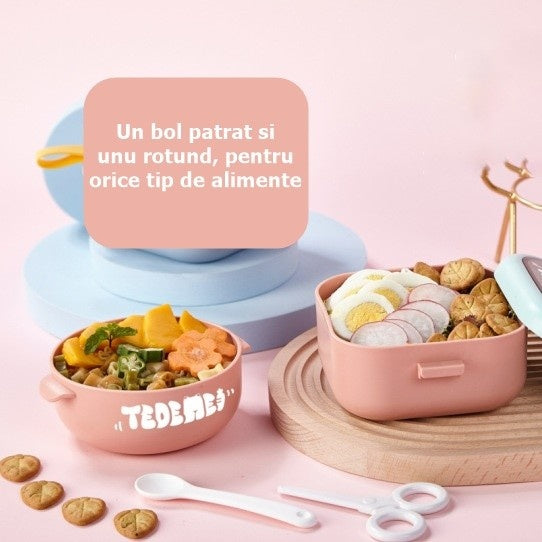 Caserola pentru copii lunch box, 750 ml, doua boluri, lingura, foarfeca din plastic, rezistenta la scurgeri, Roz