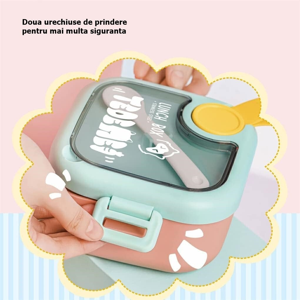 Caserola pentru copii lunch box, 750 ml, doua boluri, lingura, foarfeca din plastic, rezistenta la scurgeri, Roz
