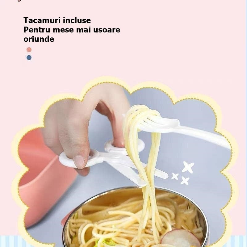 Caserola pentru copii lunch box, 750 ml, doua boluri, lingura, foarfeca din plastic, rezistenta la scurgeri, Roz