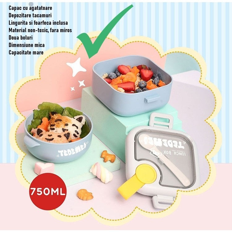 Caserola pentru copii lunch box, 750 ml, doua boluri, lingura, foarfeca din plastic, rezistenta la scurgeri, Albastra