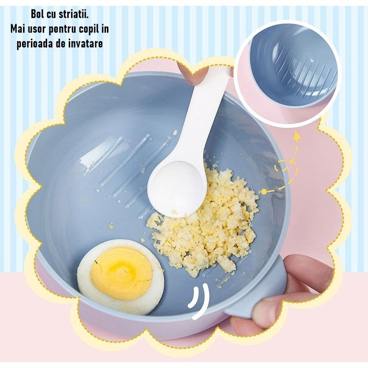 Caserola pentru copii lunch box, 750 ml, doua boluri, lingura, foarfeca din plastic, rezistenta la scurgeri, Albastra