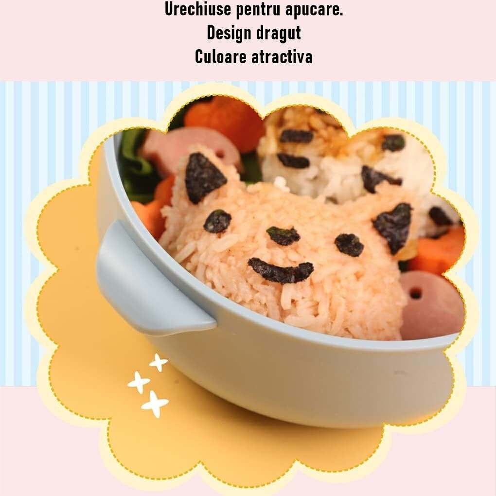 Caserola pentru copii lunch box, 750 ml, doua boluri, lingura, foarfeca din plastic, rezistenta la scurgeri, Albastra