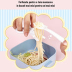 Caserola pentru copii lunch box, 750 ml, doua boluri, lingura, foarfeca din plastic, rezistenta la scurgeri, Albastra