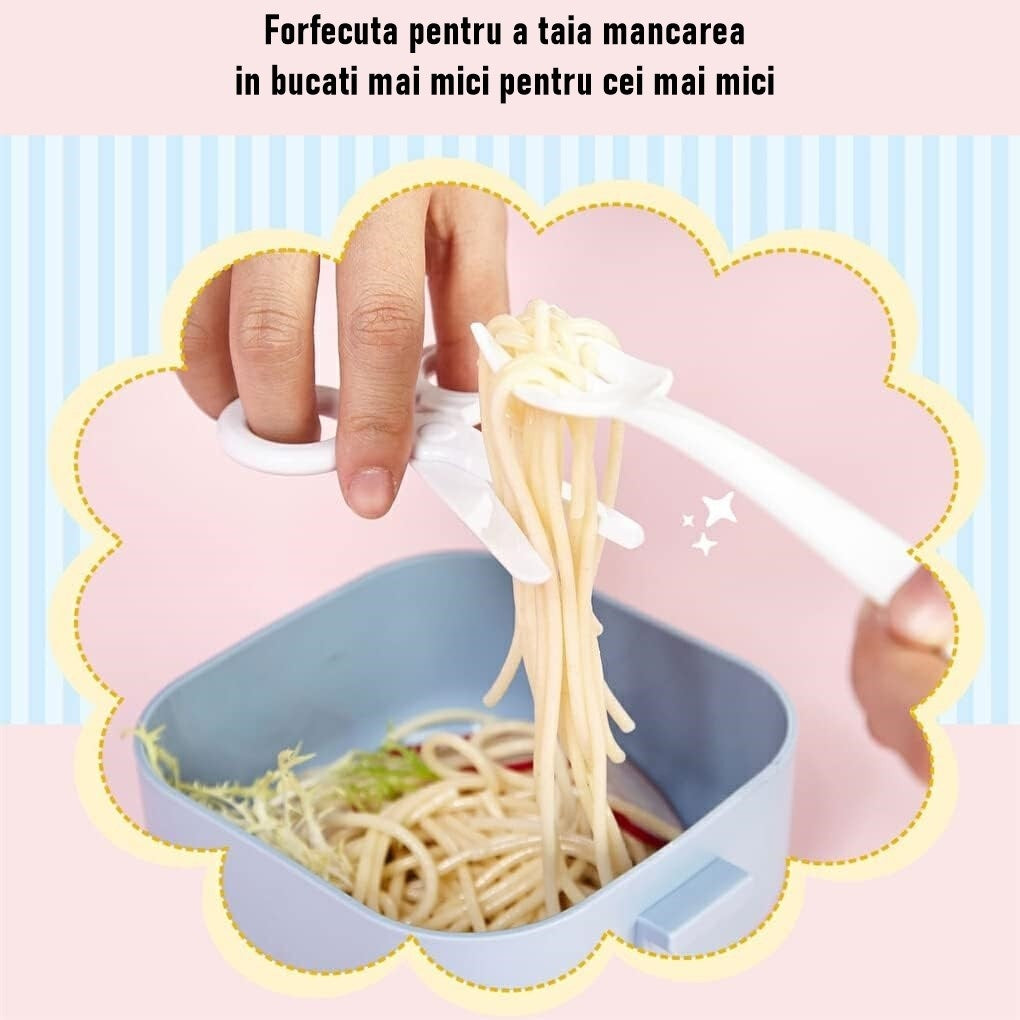 Caserola pentru copii lunch box, 750 ml, doua boluri, lingura, foarfeca din plastic, rezistenta la scurgeri, Albastra