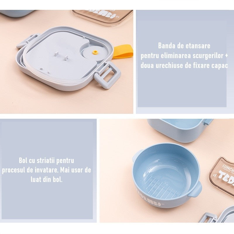 Caserola pentru copii lunch box, 750 ml, doua boluri, lingura, foarfeca din plastic, rezistenta la scurgeri, Albastra