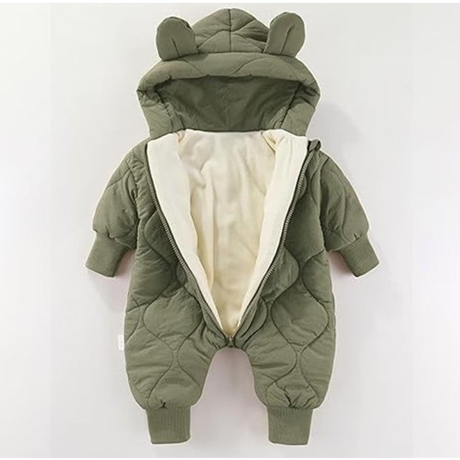 Combinezon de Iarna, Flippy, pentru Bebelusi, din Bumbac, cu Urechi, Mansete Elastice, Unisex, 73 cm, Verde