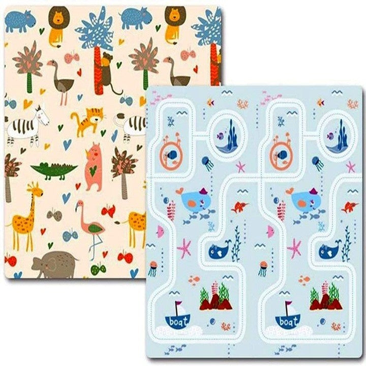 Covoras de Joaca pentru Copii Termic cu 2 Fete, Model Lumea Animalelor si Calatorie pe mare, cu Spuma, Impermeabil, Antiderapant, 200x180 x
