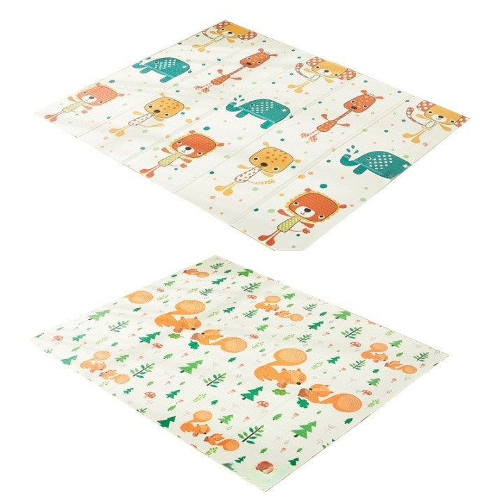 Covoras de Joaca pentru Copii Termic cu 2 Fete, Model Veverite si Elefanti, cu Spuma, Impermeabil, Antiderapant, 200cm x 180cm x 1cm