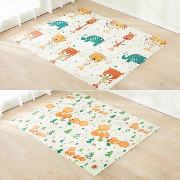 Covoras de Joaca pentru Copii Termic cu 2 Fete, Model Veverite si Elefanti, cu Spuma, Impermeabil, Antiderapant, 200cm x 180cm x 1cm