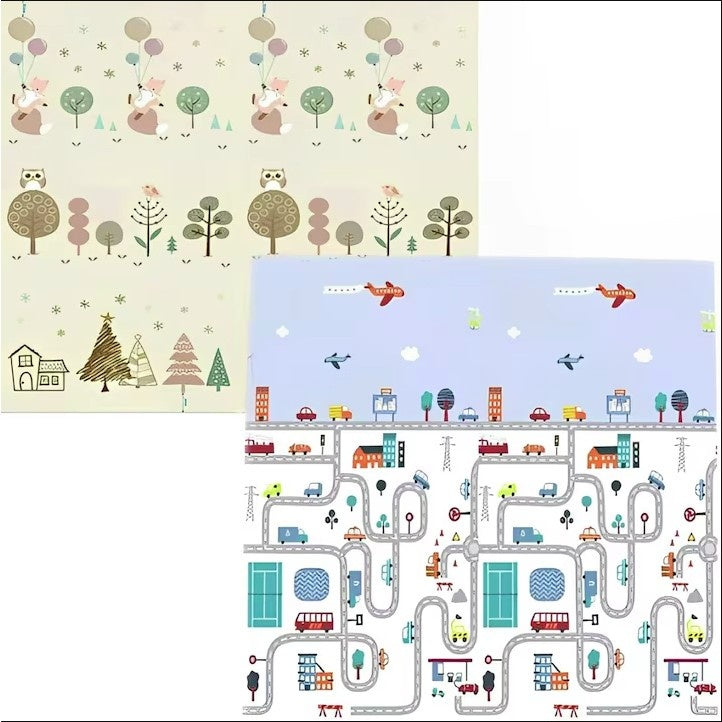 Covoras de Joaca pentru Copii Termic cu 2 Fete, Model Vulpi si Pista de Masini, cu Spuma, Impermeabil, Antiderapant, 200cm x 160cm x 0.6cm