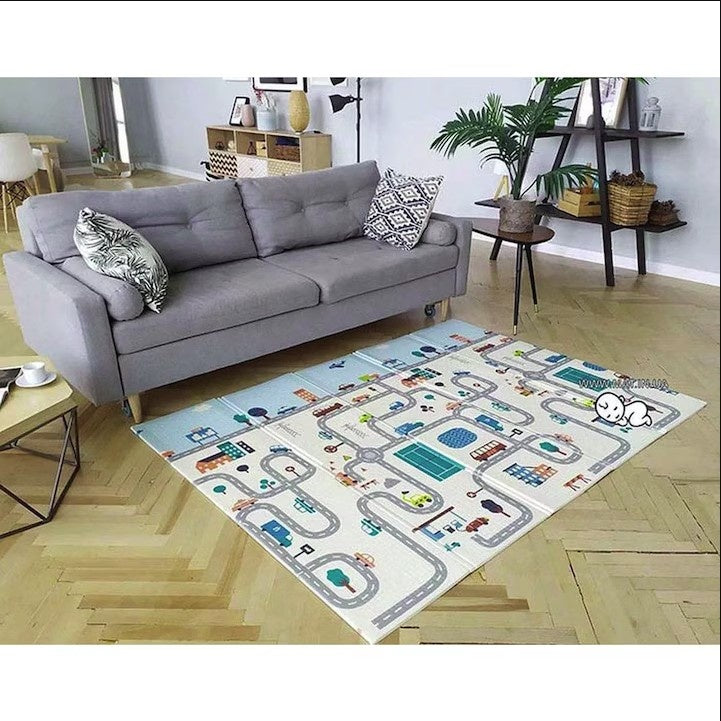 Covoras de Joaca pentru Copii Termic cu 2 Fete, Model Vulpi si Pista de Masini, cu Spuma, Impermeabil, Antiderapant, 200cm x 160cm x 0.6cm