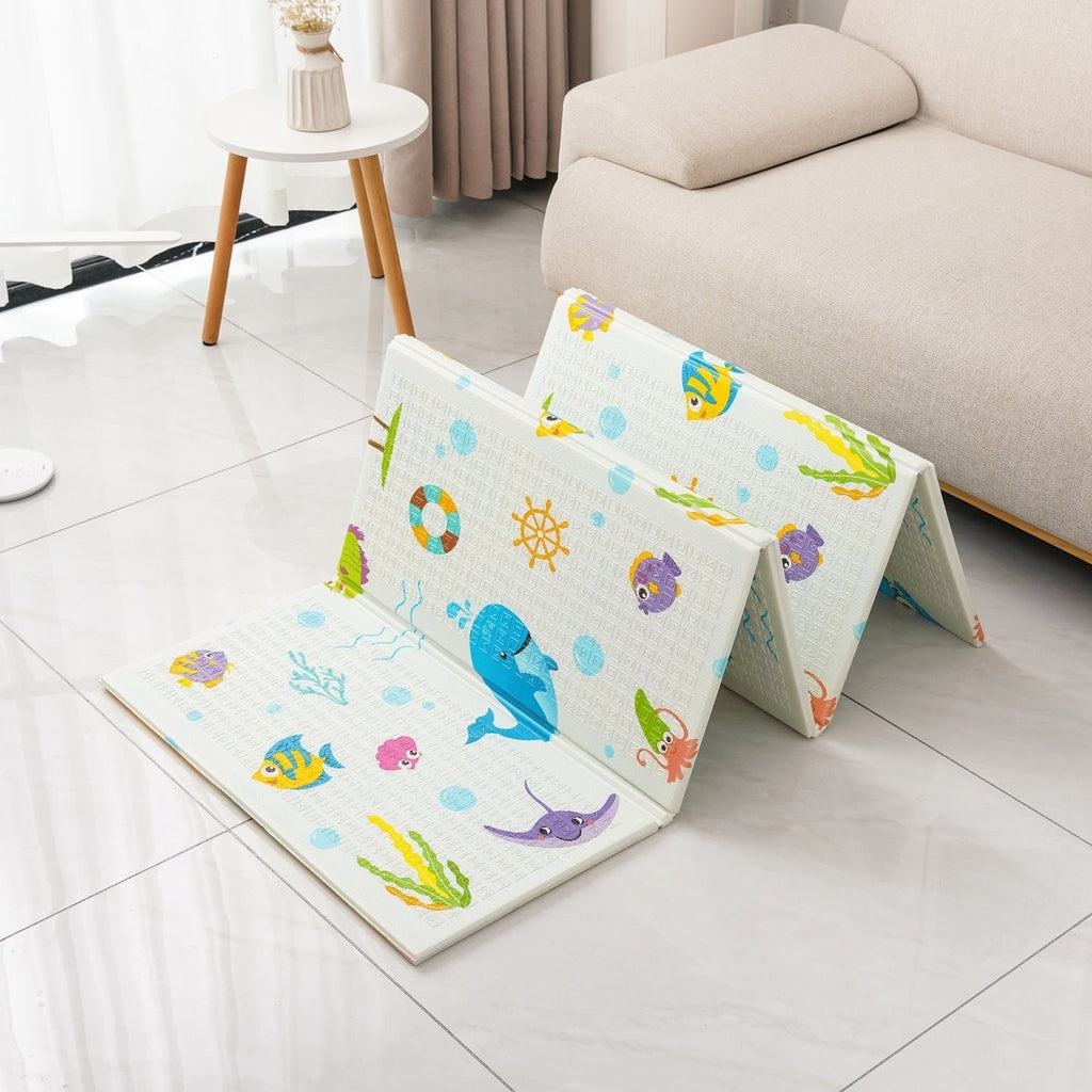 Covoras pentru Copii, cu 2 Fete, Model Animale Marine/Exotice, din XPE+PE, Impermeabil, Antiderapant, Protectie Termica, +3 Luni, Pliabil, 180 x 200 x 1.5 cm, Multicolor