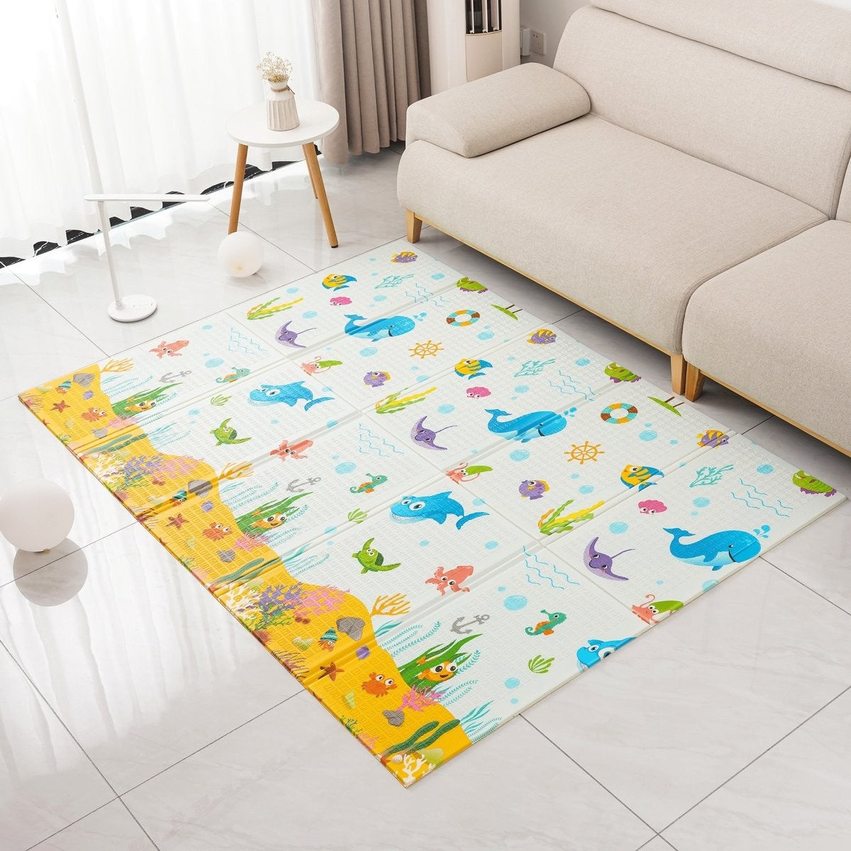 Covoras pentru Copii, cu 2 Fete, Model Animale Marine/Exotice, din XPE+PE, Impermeabil, Antiderapant, Protectie Termica, +3 Luni, Pliabil, 180 x 200 x 1.5 cm, Multicolor