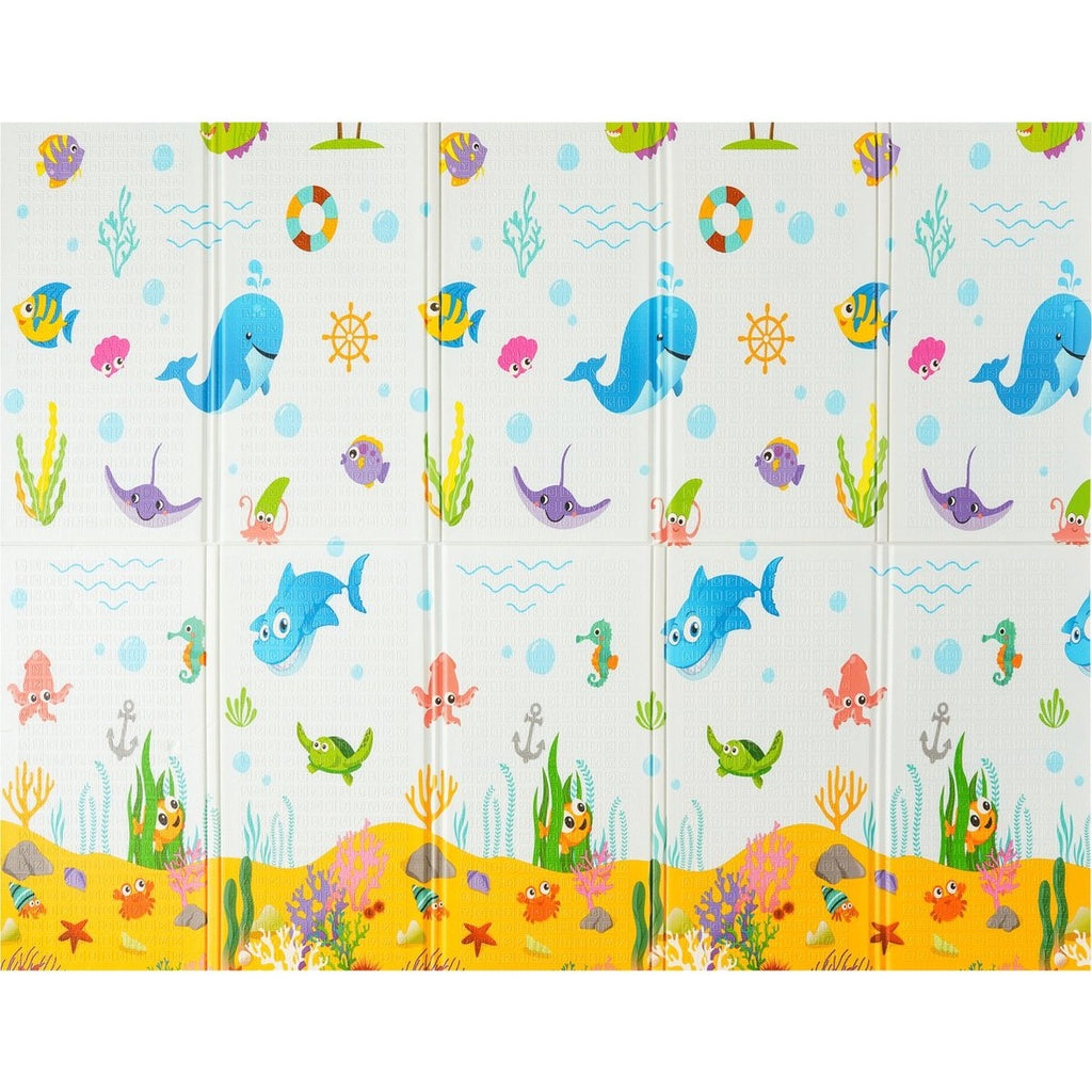 Covoras pentru Copii, cu 2 Fete, Model Animale Marine/Exotice, din XPE+PE, Impermeabil, Antiderapant, Protectie Termica, +3 Luni, Pliabil, 180 x 200 x 1.5 cm, Multicolor