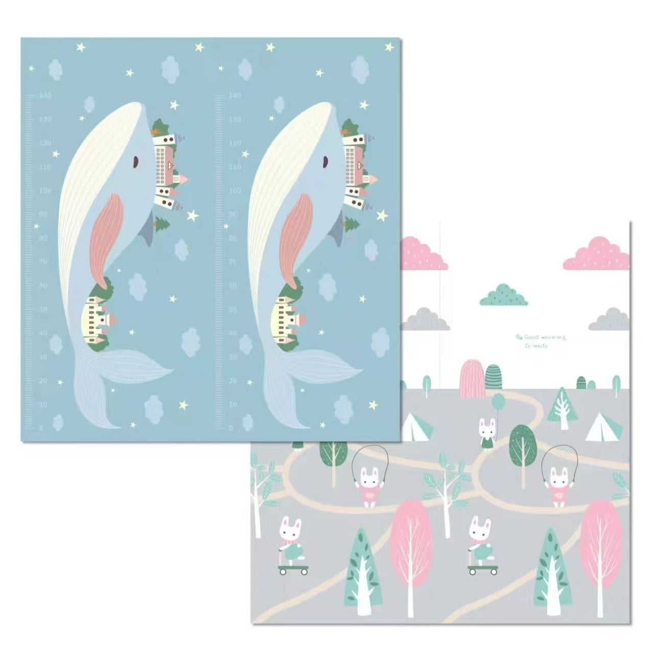 Covoras pentru Copii, cu 2 Fete, Model Balene/Iepurasi, din XPE+PE, Impermeabil, Antiderapant, Protectie Termica, +3 Luni, Pliabil, 180 x 200 x 1.5 cm, Multicolor
