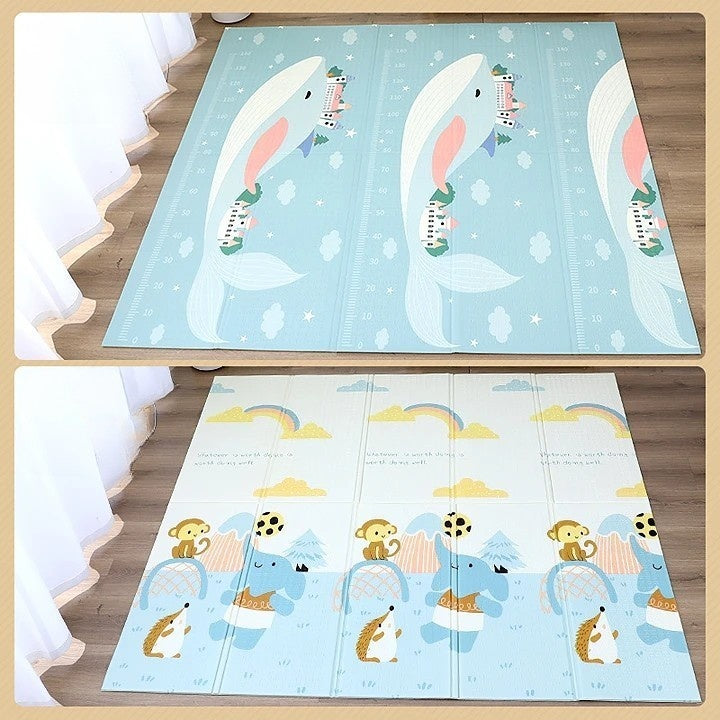 Covoras pentru Copii, cu 2 Fete, Model Balene/Iepurasi, din XPE+PE, Impermeabil, Antiderapant, Protectie Termica, +3 Luni, Pliabil, 180 x 200 x 1.5 cm, Multicolor