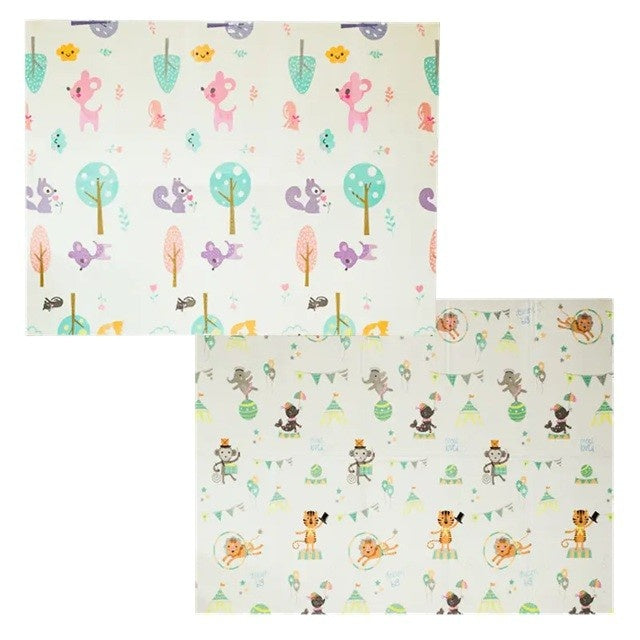 Covoras pentru Copii, cu 2 Fete, Model Caprioare/Circ, din XPE+PE, Impermeabil, Antiderapant, Protectie Termica, +3 Luni, Pliabil, 150 x 200 x 1 cm, Multicolor