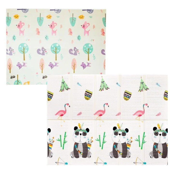 Covoras pentru Copii, cu 2 Fete, Model Caprioare/Panda, din XPE+PE, Impermeabil, Antiderapant, Protectie Termica, +3 Luni, Pliabil, 150 x 200 x 1 cm, Multicolor