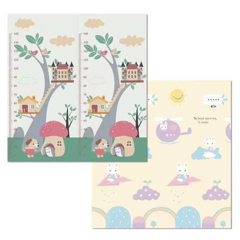 Covoras pentru Copii, cu 2 Fete, Model Casute in Copaci/Iepurasi, din XPE+PE, Impermeabil, Antiderapant, Protectie Termica, +3 Luni, Pliabil, 180 x 200 x 1.5 cm, Multicolor