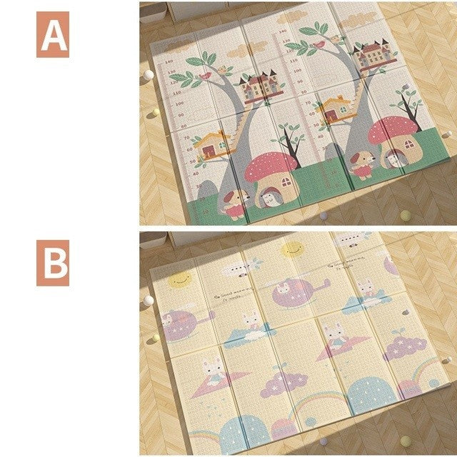 Covoras pentru Copii, cu 2 Fete, Model Casute in Copaci/Iepurasi, din XPE+PE, Impermeabil, Antiderapant, Protectie Termica, +3 Luni, Pliabil, 150 x 200 x 1.5 cm, Multicolor