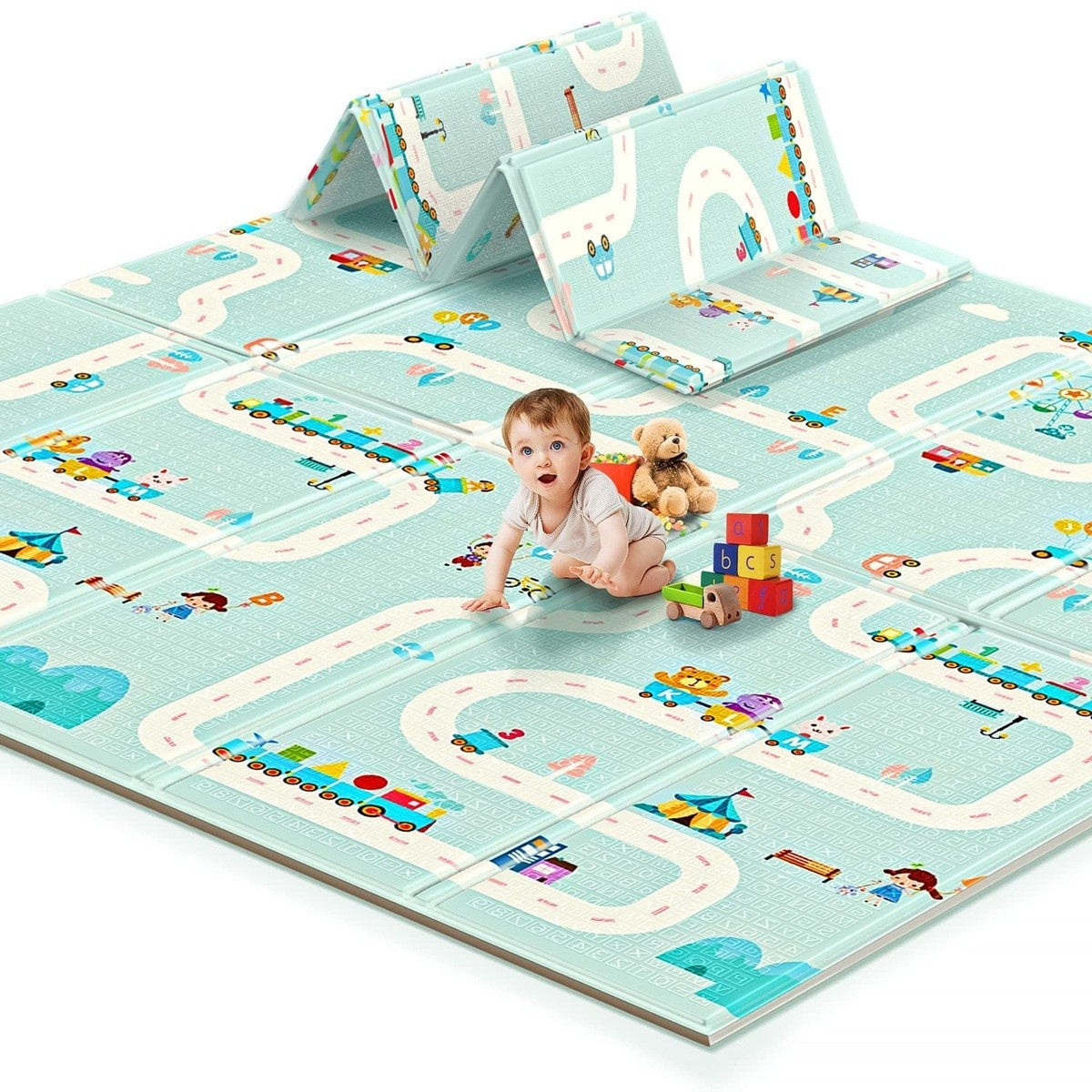 Covoras pentru Copii, cu 2 Fete, Model Drum/Safari, din XPE+PE, Impermeabil, Antiderapant, Protectie Termica, +3 Luni, Pliabil, 150 x 200 x 1 cm, Multicolor
