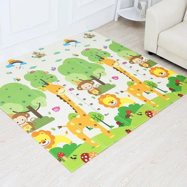 Covoras pentru Copii, cu 2 Fete, Model Drum/Safari, din XPE+PE, Impermeabil, Antiderapant, Protectie Termica, +3 Luni, Pliabil, 150 x 200 x 1 cm, Multicolor