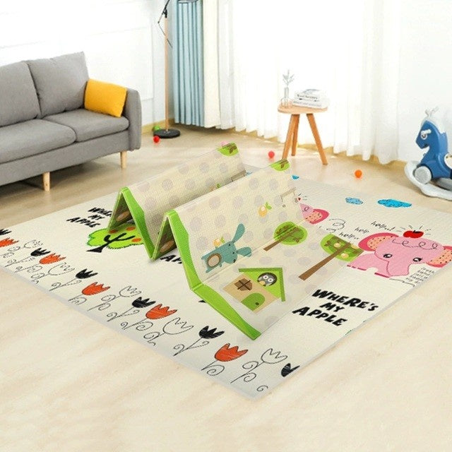 Covoras pentru Copii, cu 2 Fete, Model Elefantei/Padure, din XPE+PE, Impermeabil, Antiderapant, Protectie Termica, +3 Luni, Pliabil, 180 x 200 x 1.5 cm, Multicolor