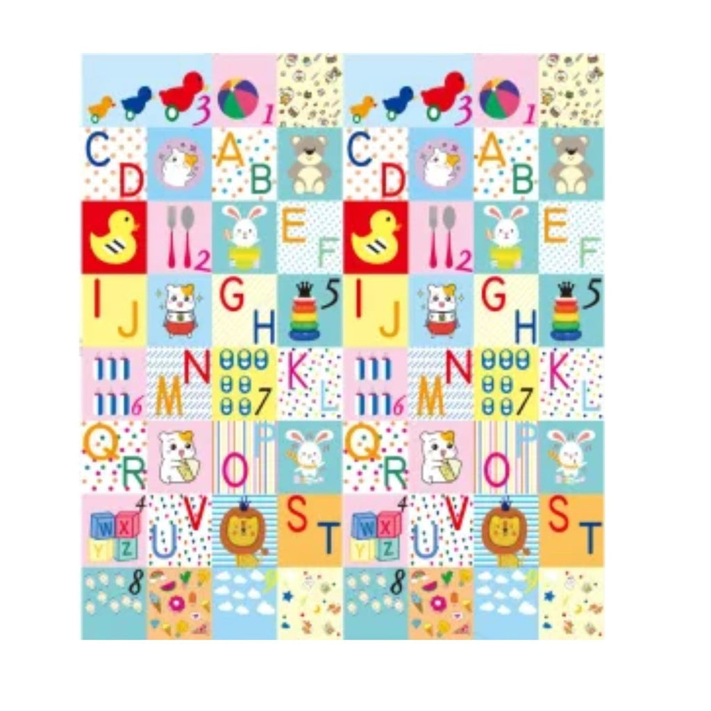 Covoras pentru Copii, cu 2 Fete, Model Litere/Girafe, din XPE+PE, Impermeabil, Antiderapant, Protectie Termica, +3 Luni, Pliabil, 180 x 200 x 1 cm, Multicolor