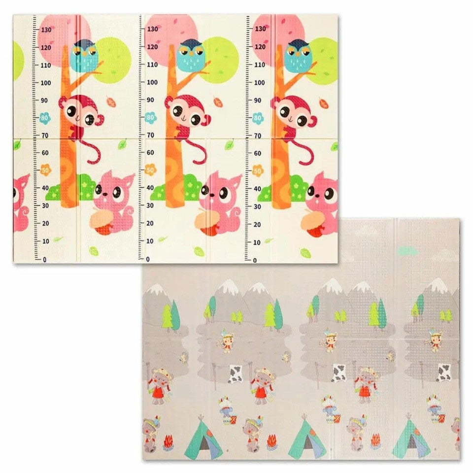 Covoras pentru Copii, cu 2 Fete, Model Maimute/Indieni, din XPE+PE, Impermeabil, Antiderapant, Protectie Termica, +3 Luni, Pliabil, 150 x 200 x 1 cm, Multicolor