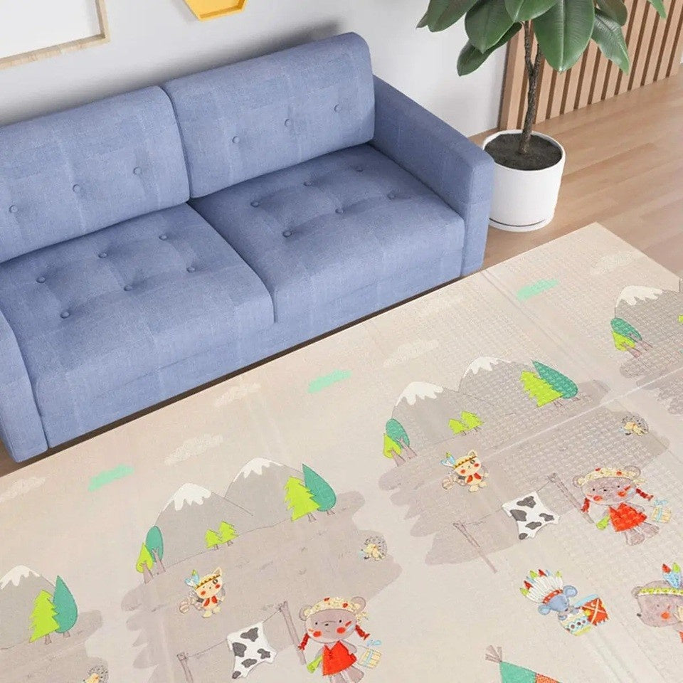 Covoras pentru Copii, cu 2 Fete, Model Maimute/Indieni, din XPE+PE, Impermeabil, Antiderapant, Protectie Termica, +3 Luni, Pliabil, 150 x 200 x 1 cm, Multicolor