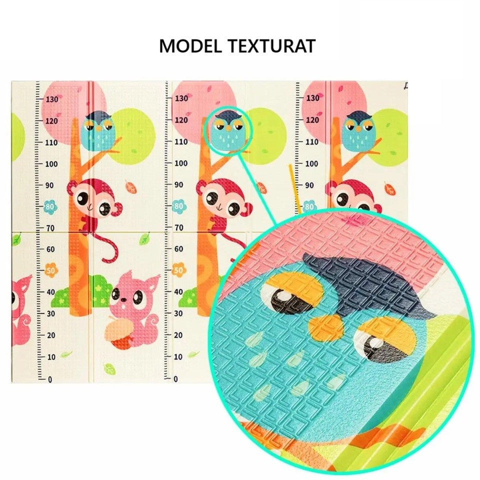 Covoras pentru Copii, cu 2 Fete, Model Maimute/Indieni, din XPE+PE, Impermeabil, Antiderapant, Protectie Termica, +3 Luni, Pliabil, 150 x 200 x 1 cm, Multicolor