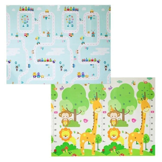 Covoras pentru Copii, cu 2 Fete, Model Oras/Safari, din XPE+PE, Impermeabil, Antiderapant, Protectie Termica, +3 Luni, Pliabil, 180 x 200 x 1 cm, Multicolor