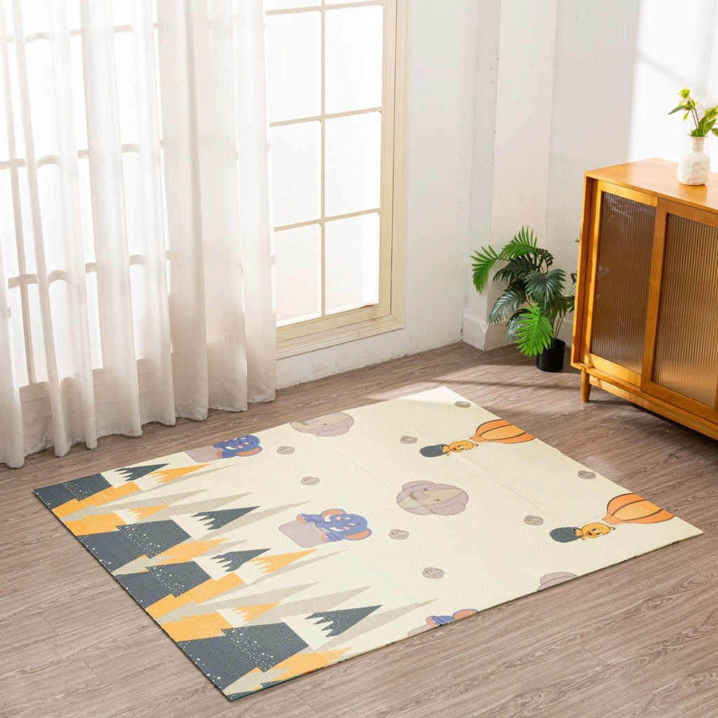 Covoras pentru Copii, cu 2 Fete, Model Padure/Elefanti, din XPE+PE, Impermeabil, Antiderapant, Protectie Termica, +3 Luni, Pliabil, 150 x 200 x 1.5 cm, Multicolor