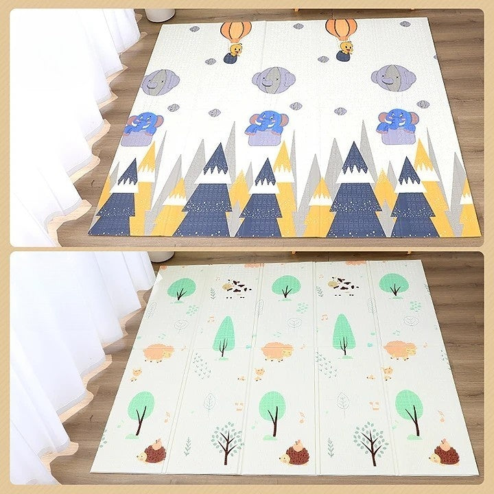 Covoras pentru Copii, cu 2 Fete, Model Padure/Elefanti, din XPE+PE, Impermeabil, Antiderapant, Protectie Termica, +3 Luni, Pliabil, 150 x 200 x 1.5 cm, Multicolor