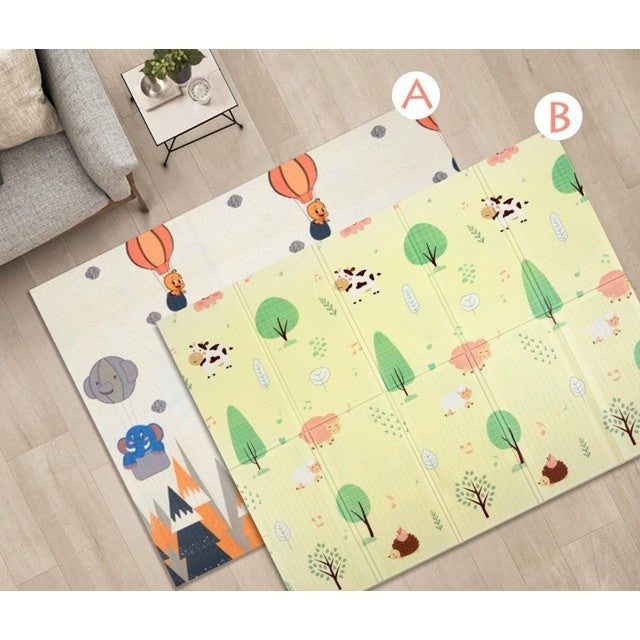 Covoras pentru Copii, cu 2 Fete, Model Padure/Elefanti, din XPE+PE, Impermeabil, Antiderapant, Protectie Termica, +3 Luni, Pliabil, 180 x 200 x 1.5 cm, Multicolor