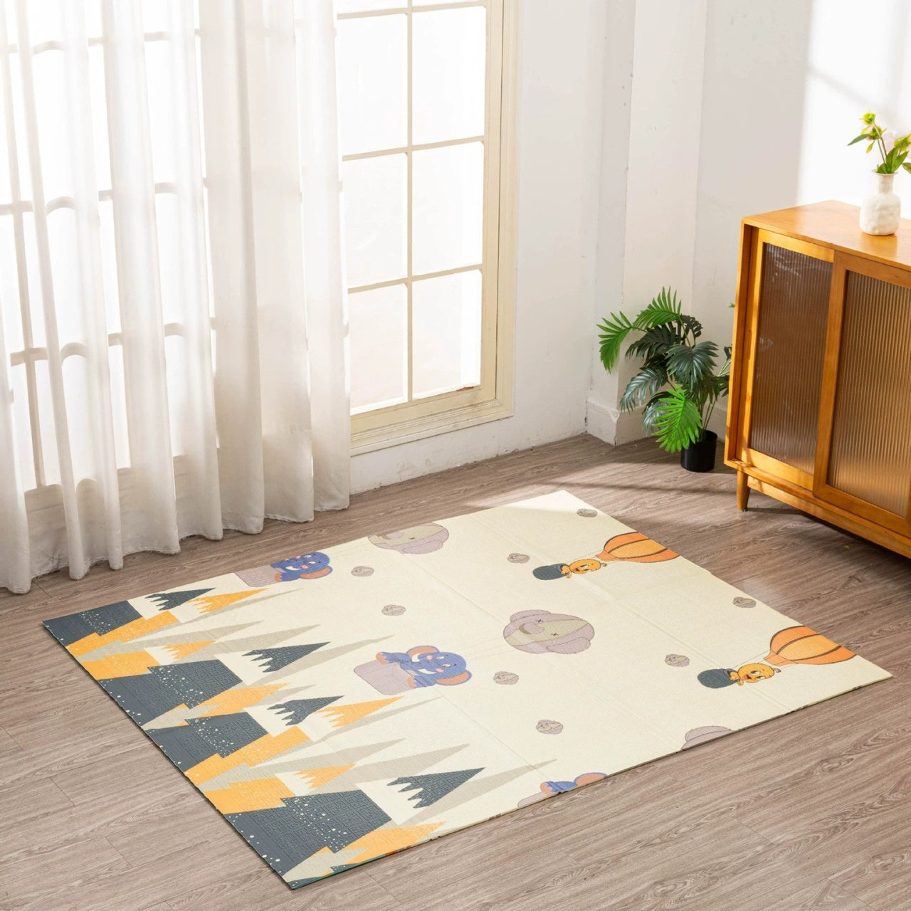 Covoras pentru Copii, cu 2 Fete, Model Padure/Elefanti, din XPE+PE, Impermeabil, Antiderapant, Protectie Termica, +3 Luni, Pliabil, 180 x 200 x 1.5 cm, Multicolor
