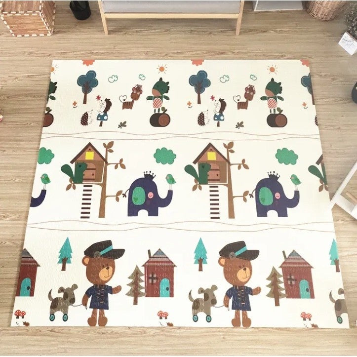 Covoras pentru Copii, cu 2 Fete, Model ZOO/Ursulet, din XPE+PE, Impermeabil, Antiderapant, Protectie Termica, +3 Luni, Pliabil, 180 x 200 x 1.5 cm, Multicolor