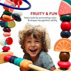 Descriere produs: Jucarie din lemn Montessori – Labirint motricitate cu abac si fructe