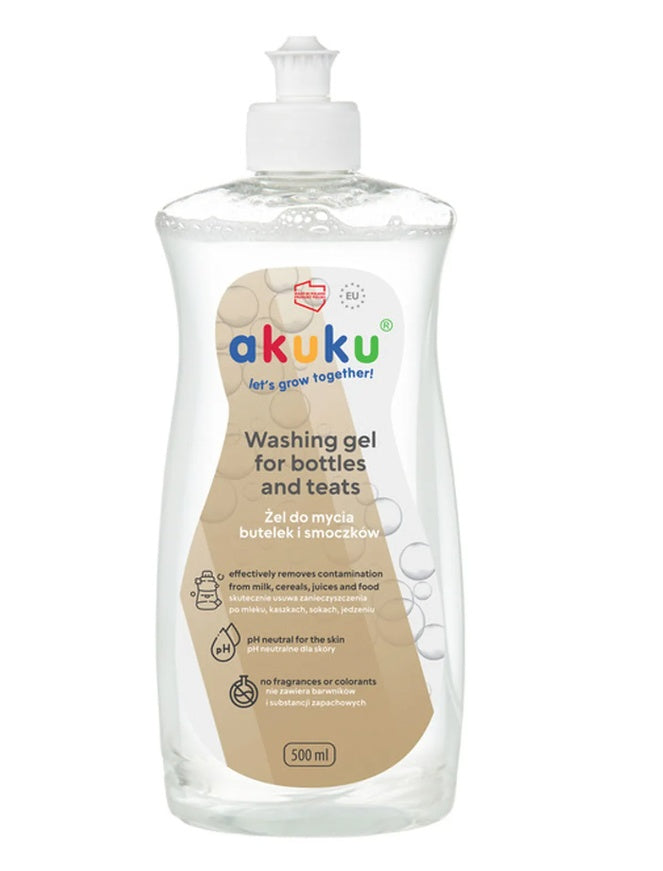 Detergent gel pentru biberoane,tetine si jucarii Akuku 500 ml,ph neutru,hipoalergenic,fara parfum,97% ingrediente naturale