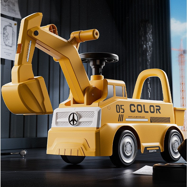 Excavator Manual pentru copii, 3 ani, Sport, Claxon, Cutie Depozitare, Lumini, Scaun, 62x26x47 cm, Galben