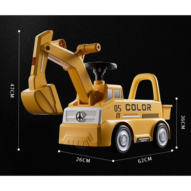 Excavator Manual pentru copii, 3 ani, Sport, Claxon, Cutie Depozitare, Lumini, Scaun, 62x26x47 cm, Galben