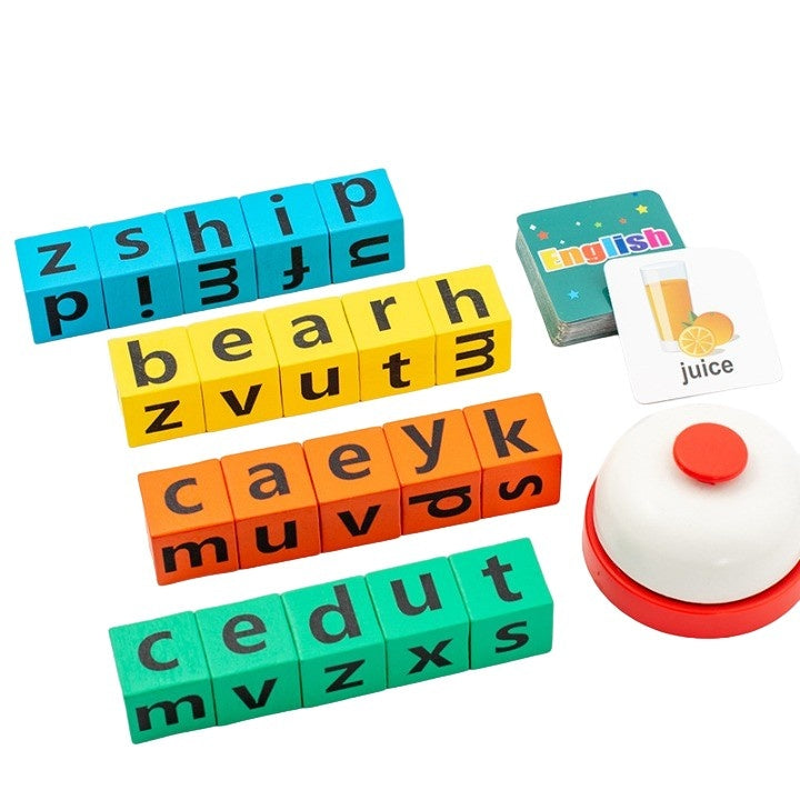 Joc cu Blocuri din Lemn, Formare Cuvinte, Cartonase cu Obiecte si Animale, Clopotel, Joc pentru 4 Persoane, 3 Ani+, 28x15.5x5 cm, Multicolor