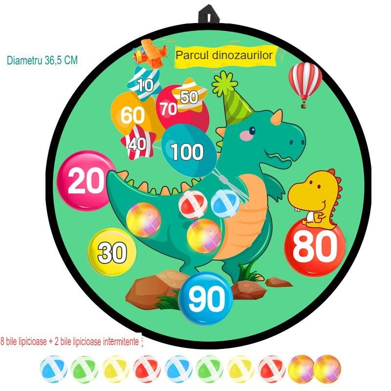 Joc Darts pentru Copii, Placa Pliabila 36.5 cm, 8 Mingii Velcro/Scai Simple, 2 Mingii Luminoase, Model Dinozaur Park, Verde