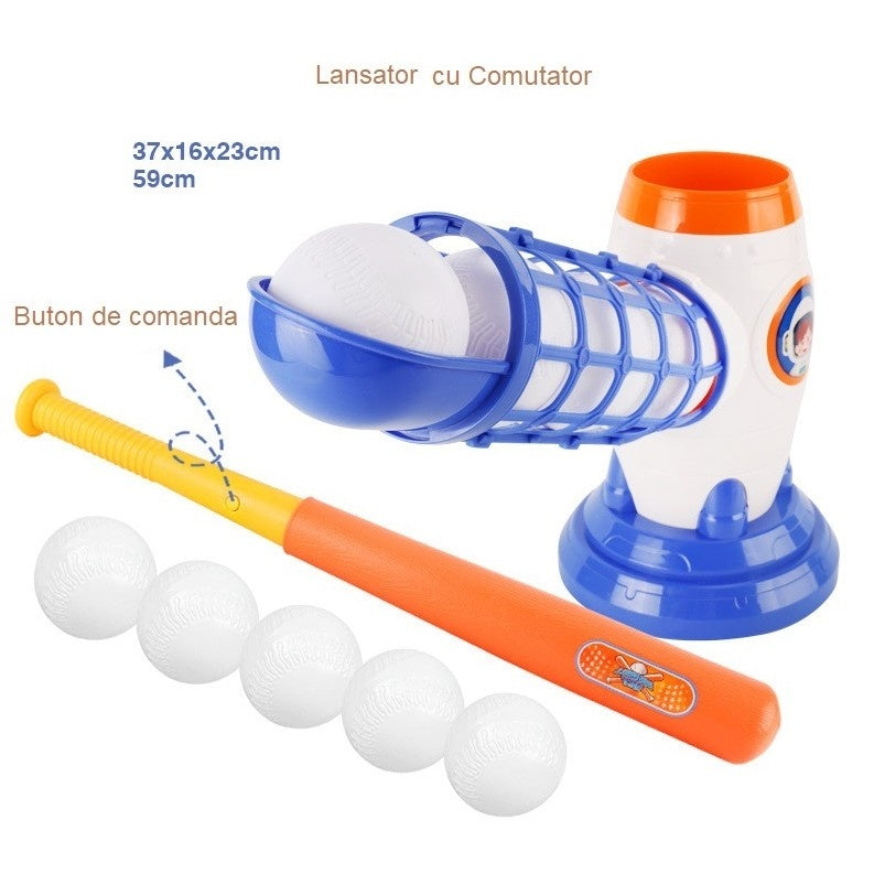 Joc de Baseball Interactiv, Lansator Aruncare prin Buton de Lansare pe Bata, Include Bata si 5 Mingii, 37 x 23 x 16 cm Baza, 59 cm Bata, Multicolor
