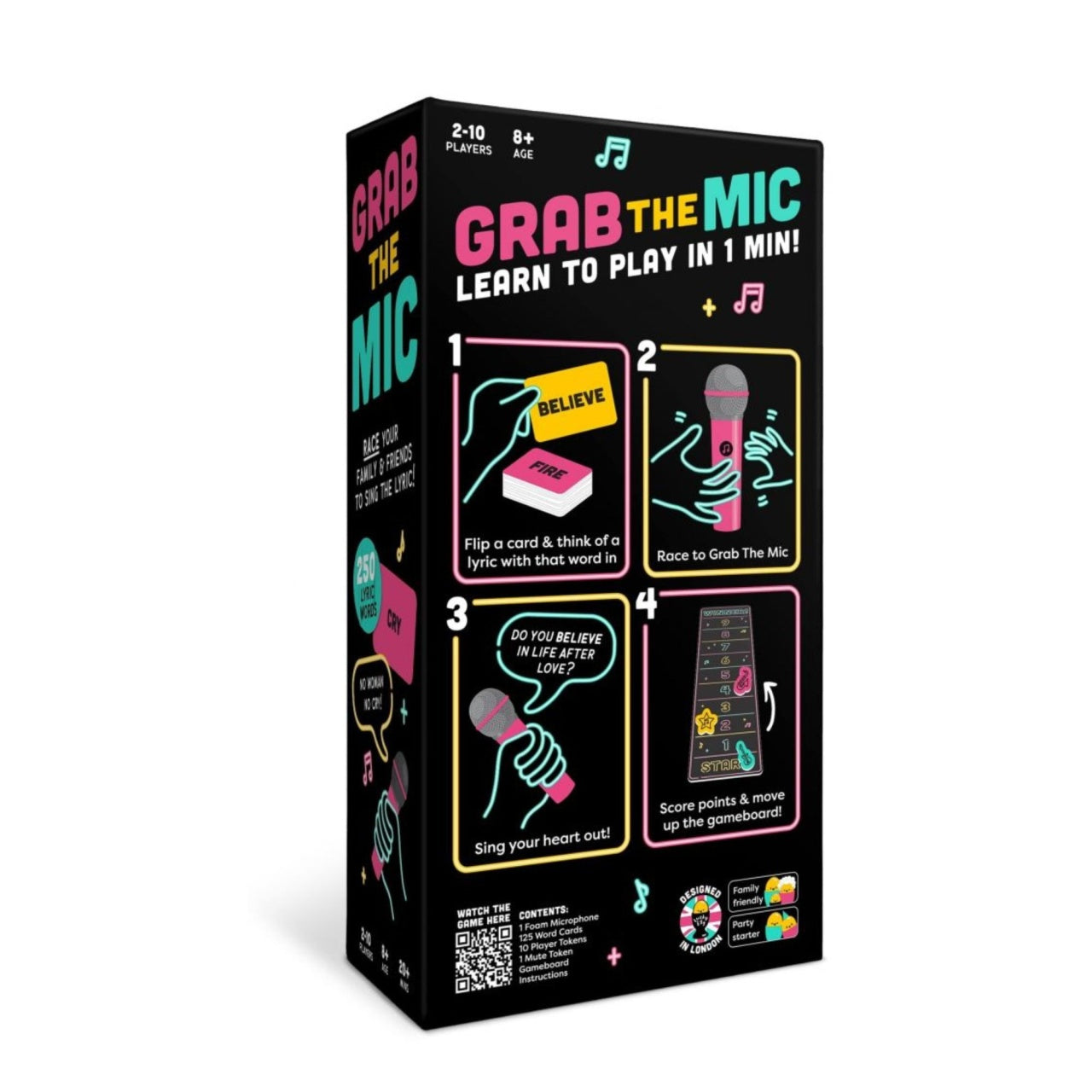 Joc de Societate Grab The Mic, Tip Karaoke, 125 de Carti cu Cuvinte, Microfon din Spuma, Tabla de Joc, Jetoane, 11.5 x 22 x 7 cm, Negru/Roz