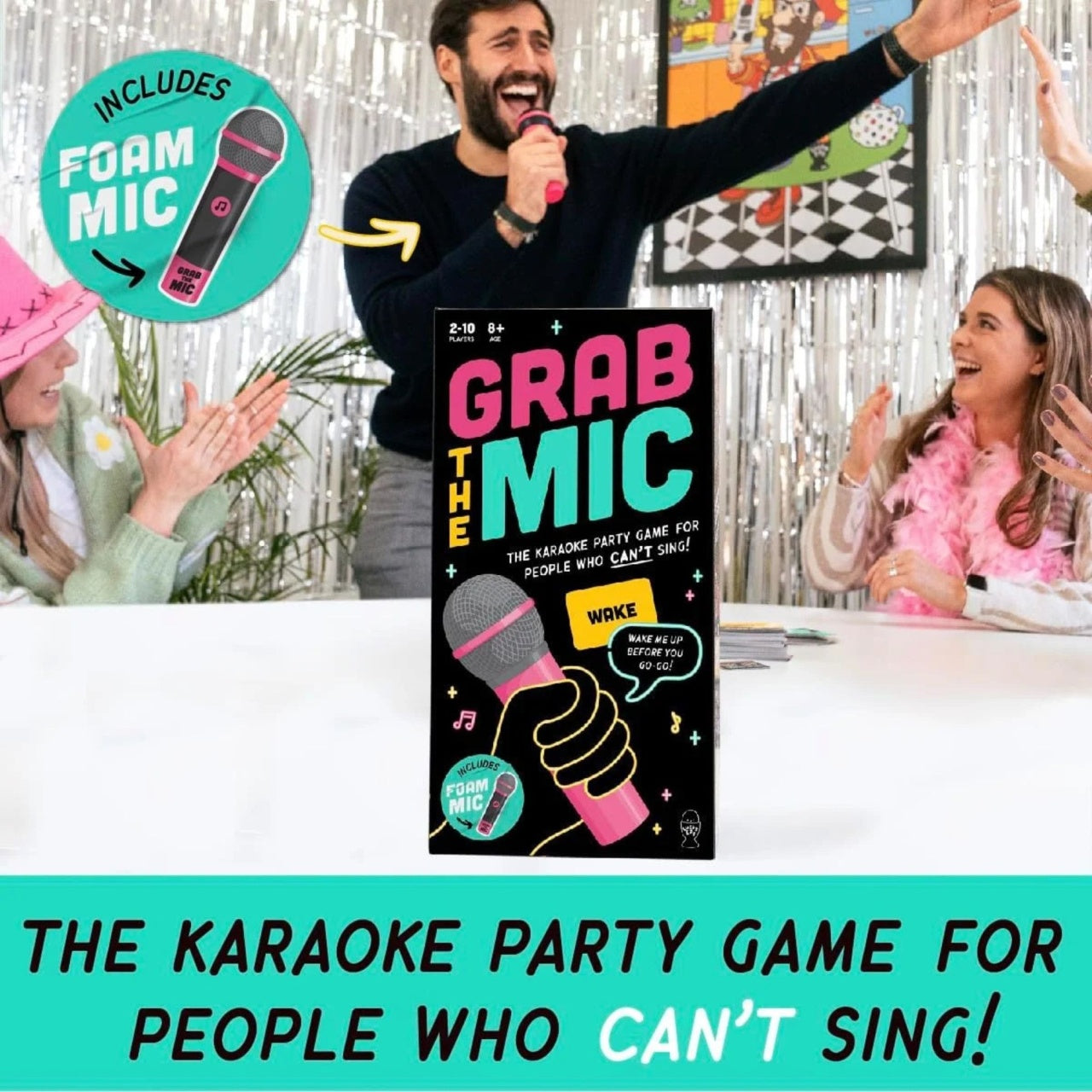 Joc de Societate Grab The Mic, Tip Karaoke, 125 de Carti cu Cuvinte, Microfon din Spuma, Tabla de Joc, Jetoane, 11.5 x 22 x 7 cm, Negru/Roz