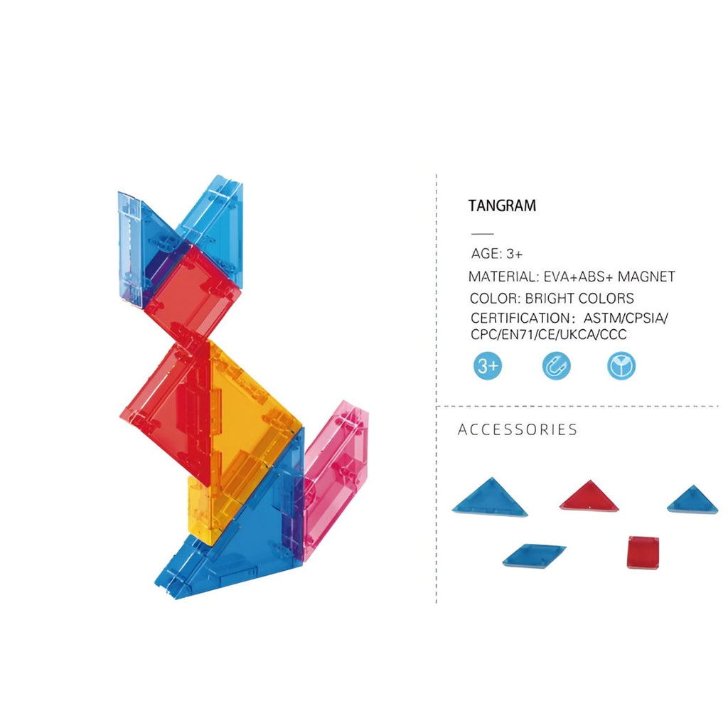 Joc Magnetic Tangram, 7 Piese Magnetice, Forme Geometrice, 3 Ani, EVA, ABS, Magnet, 10.5 x 10.5 x 2.2 cm, Multicolor