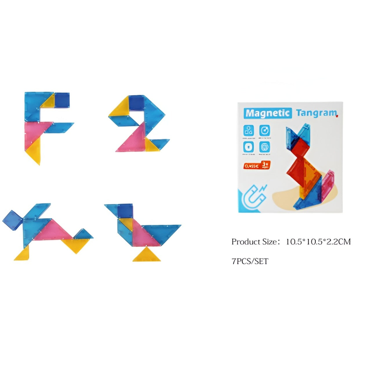 Joc Magnetic Tangram, 7 Piese Magnetice, Forme Geometrice, 3 Ani, EVA, ABS, Magnet, 10.5 x 10.5 x 2.2 cm, Multicolor